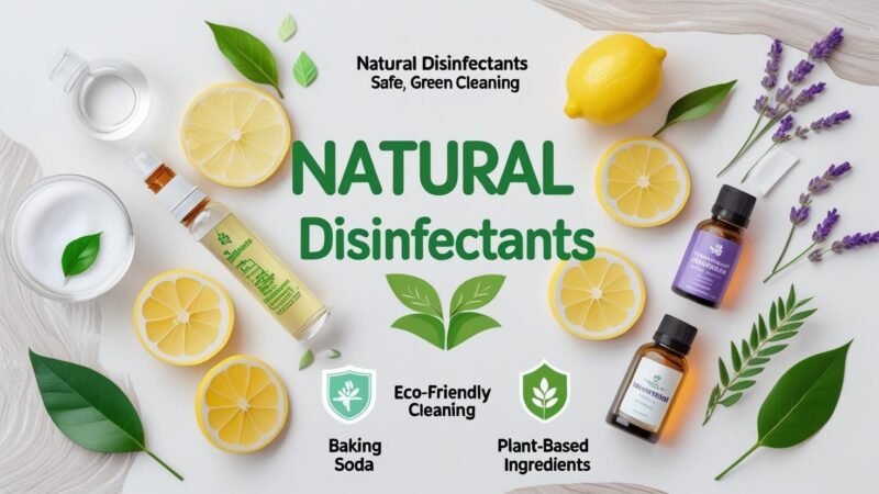 Natural disinfectant ingredients including vinegar, lemon slices, baking soda, and essential oils arranged with plant-based spray bottles on a clean surface, illustrating safe and eco-friendly green cleaning solutions for 2025, image by MyGreenDirectory.com