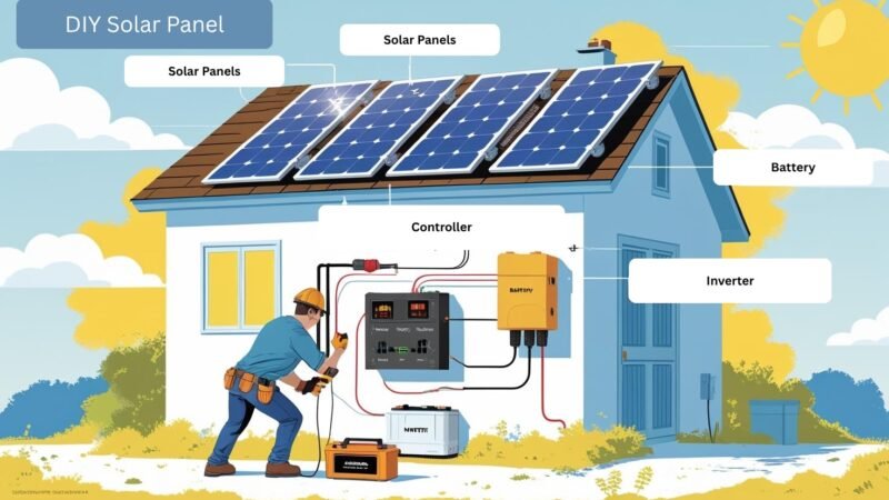 Step-by-step DIY solar panel system installation on a home roof, showing solar panels, wiring, and components—guide by mygreendirectory.com