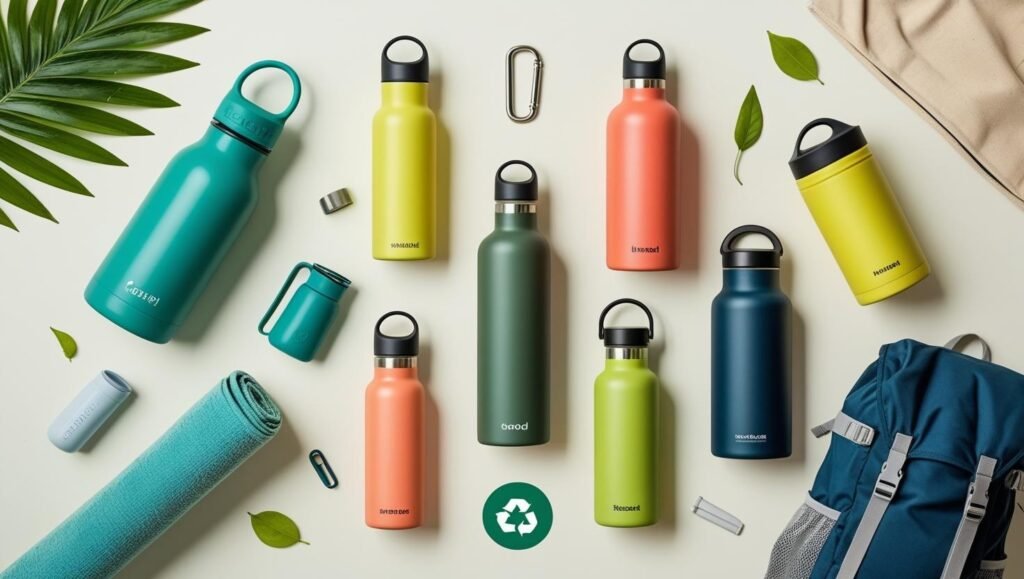 Variety of eco-friendly reusable water bottles including stainless steel, BPA-free plastic, and glass bottles with different lids and sizes, promoting sustainable hydration solutions in 2025 - image by MyGreenDirectory.com