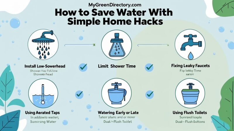 nfographic illustrating simple home water-saving hacks such as fixing leaks, using water-efficient showerheads, watering plants early, using buckets for cleaning, and dual-flush toilets, promoting sustainable living with mygreendirectory.com.