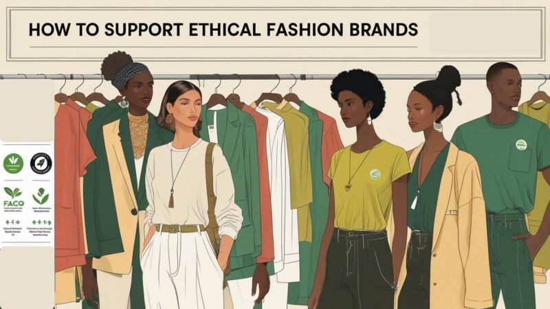 Diverse models wearing stylish ethical fashion made from organic and recycled fabrics, with fair trade and eco-certification tags, promoting sustainable brands featured on mygreendirectory.com.