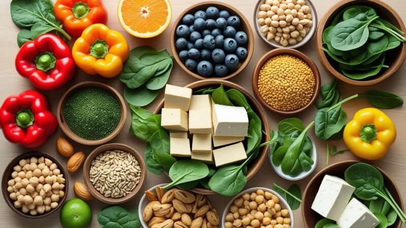 Colorful assortment of fresh plant-based foods including vegetables, fruits, legumes, grains, and nuts arranged on a wooden table, illustrating a beginner’s guide to switching to plant-based eating, featured by mygreendirectory.com.