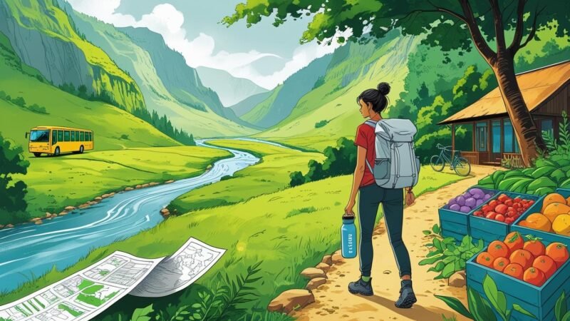 Traveler with a backpack, reusable water bottle, and eco-friendly gear exploring a scenic destination by bus and bicycle, highlighting budget-friendly sustainable travel options inspired by mygreendirectory.com.