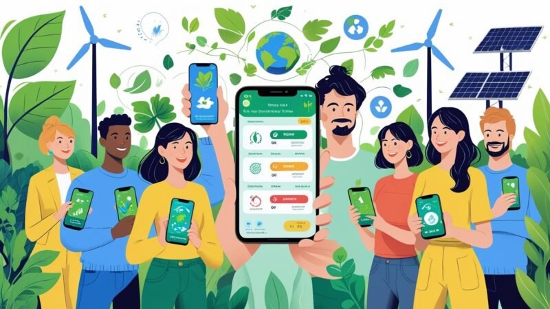 Diverse people using smartphones with eco-friendly app icons, surrounded by green plants and renewable energy symbols, representing sustainable living and goal tracking with mygreendirectory.com.