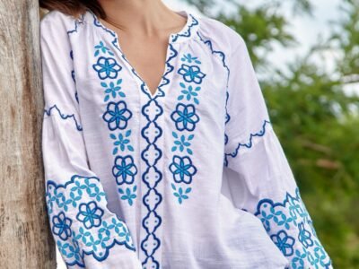 Davina Embroidered Blouse | White/ Blue