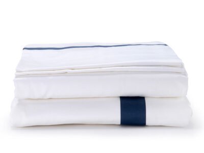 White with Navy Single Band Organic Cotton Sateen Weave Bedding Set