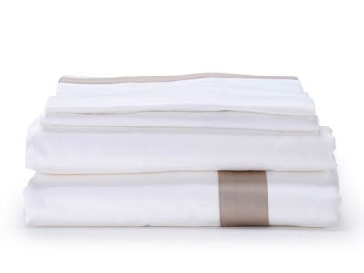 White with Taupe Single Band Organic Cotton Sateen Weave Bedding Set