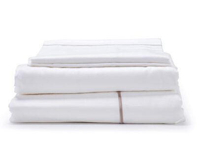 White with Taupe Marrow Embroidery Organic Cotton Sateen Weave Bedding Set
