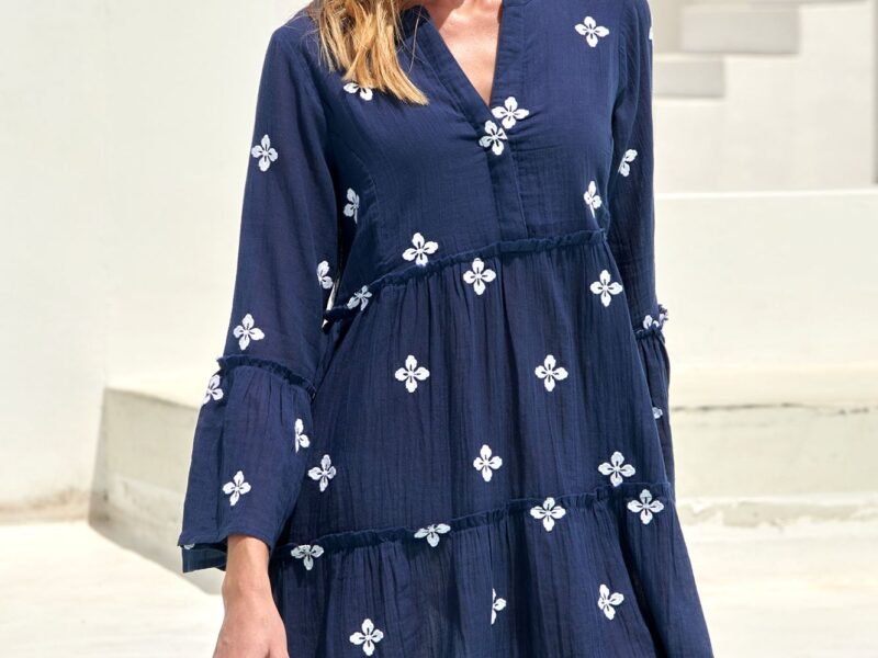 Cristina Embroidered Cotton Kaftan | Navy/White