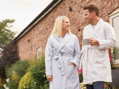 Organic Cotton Short Towelling Robe By Dip & Doze | Colour: Blue Stripe | Size: L