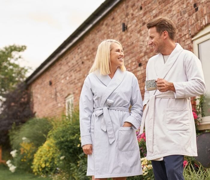 Organic Cotton Short Towelling Robe By Dip & Doze | Colour: Blue Stripe | Size: L