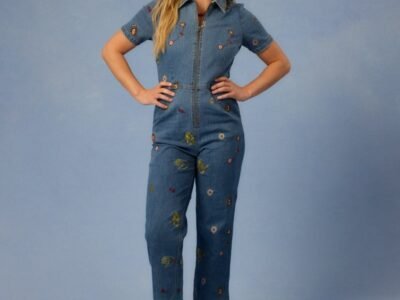Joanie Clothing Robin Embroidered Denim Short Sleeve Boilersuit