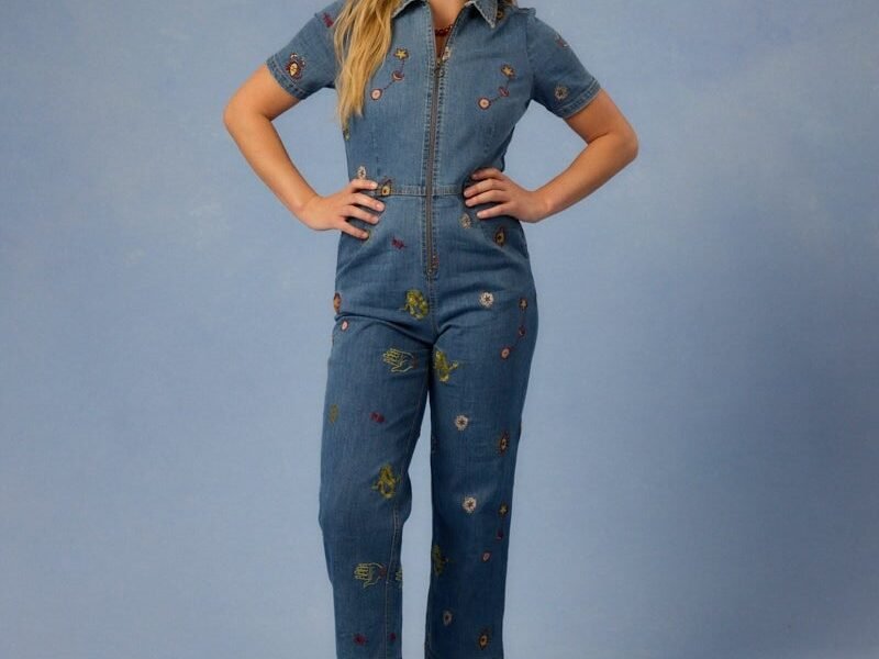Joanie Clothing Robin Embroidered Denim Short Sleeve Boilersuit