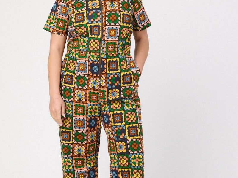 Joanie Clothing Robin Granny Squares Print Short Sleeve Boilersuit