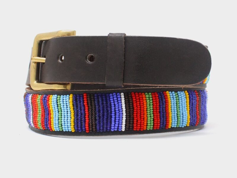 Vertical Full Beaded Stripe Leather Belt | Multi on Coffee Leather